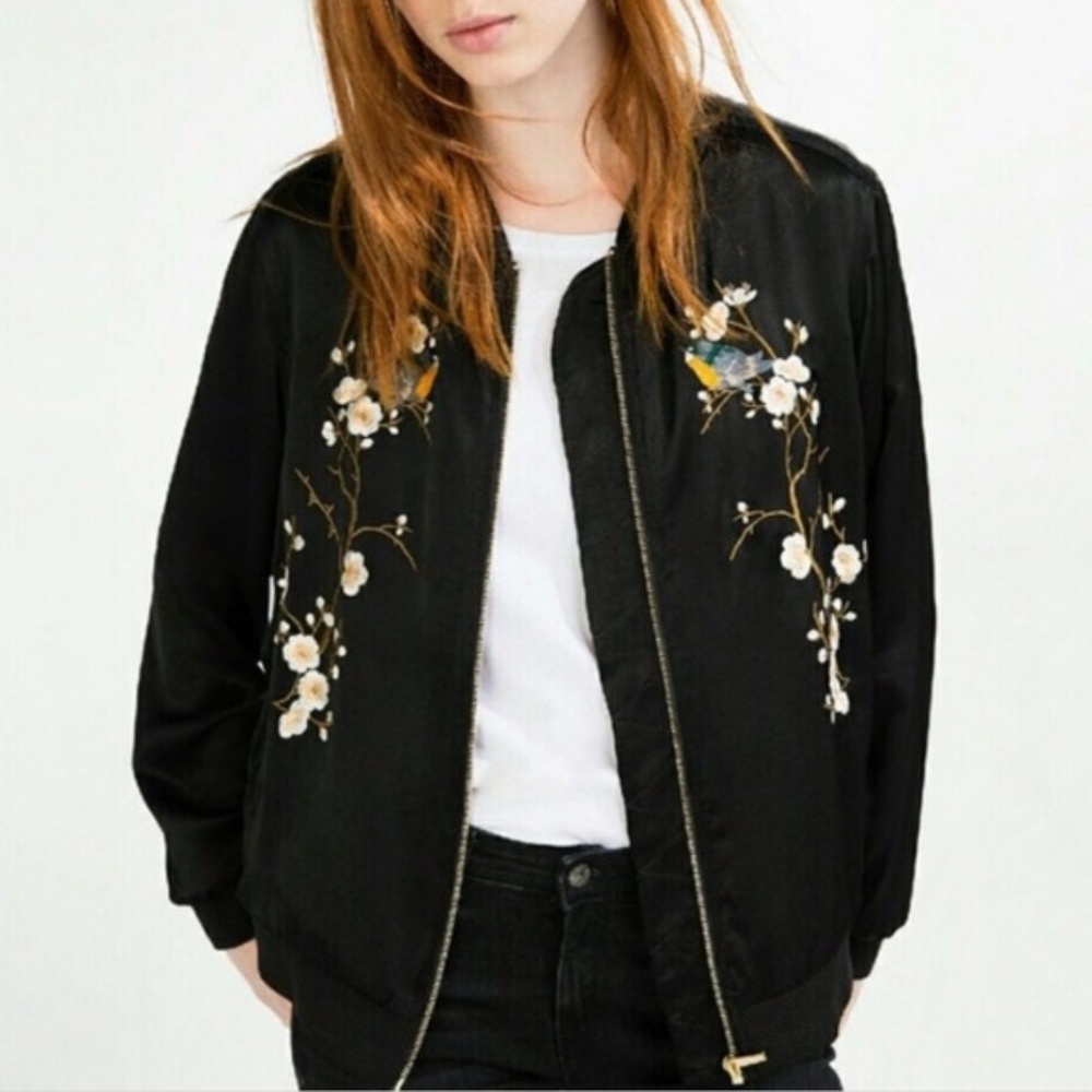 Zara Satin Floral Embroidered Bomber Jacket